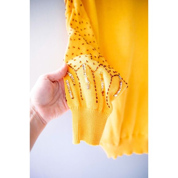 Vintage Anna Di Rossi Yellow Cotton Sequin V-Neck Pullover Sweater Size 44 - Picture 5 of 8